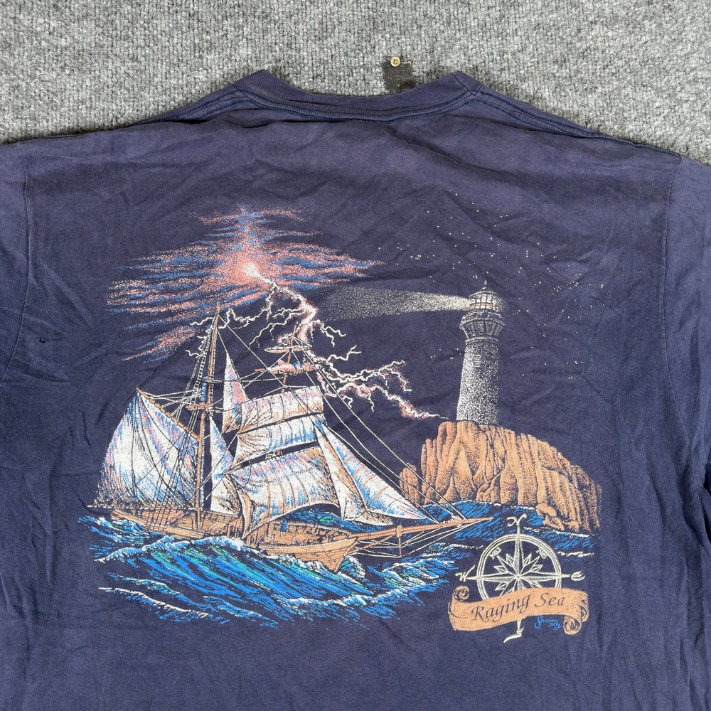 Sherry's Best T-Shirt Mens Size XL Navy Blue Raging Sea Graphic USA Vintage